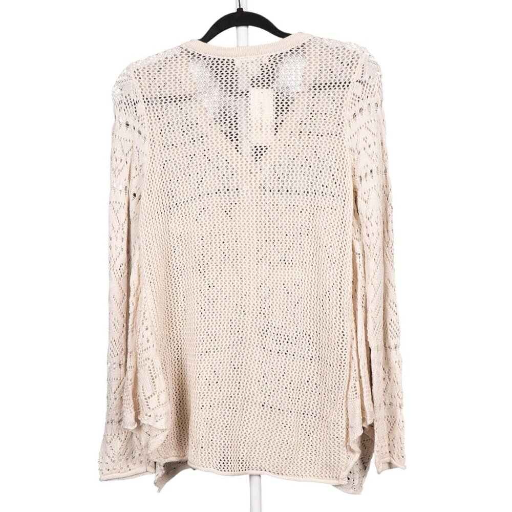 Crochet Knit Shirt M Beige Sheer Cover Up Long Sleeve Tunic Sweater Lace Up Boho - Picture 5 of 5